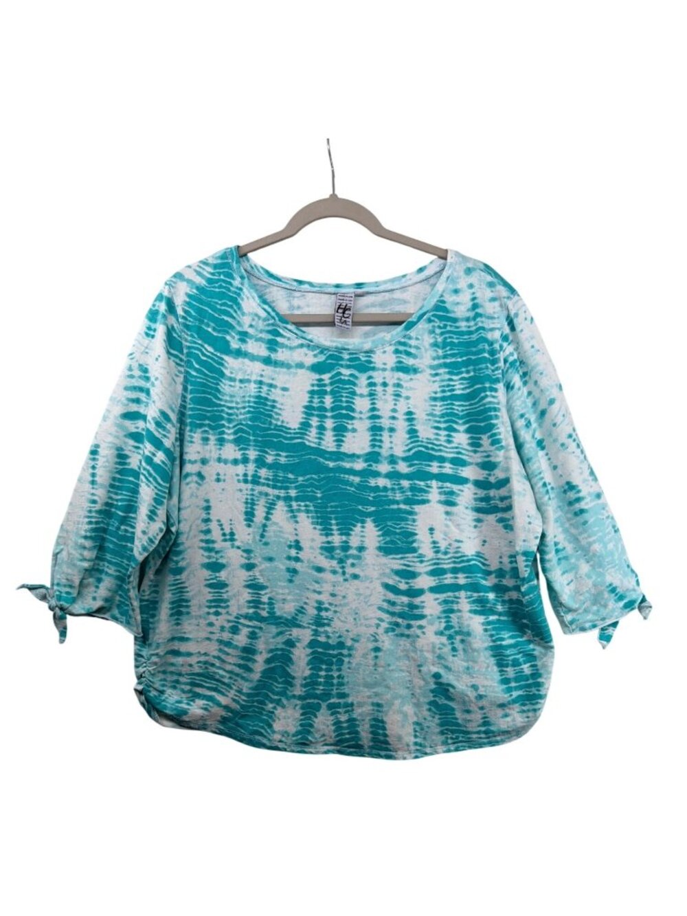 Hot Cotton Womens Top Sz XL Turquoise Tie-Dyed Beachy Boho 3/4-Slv Jersey Knit